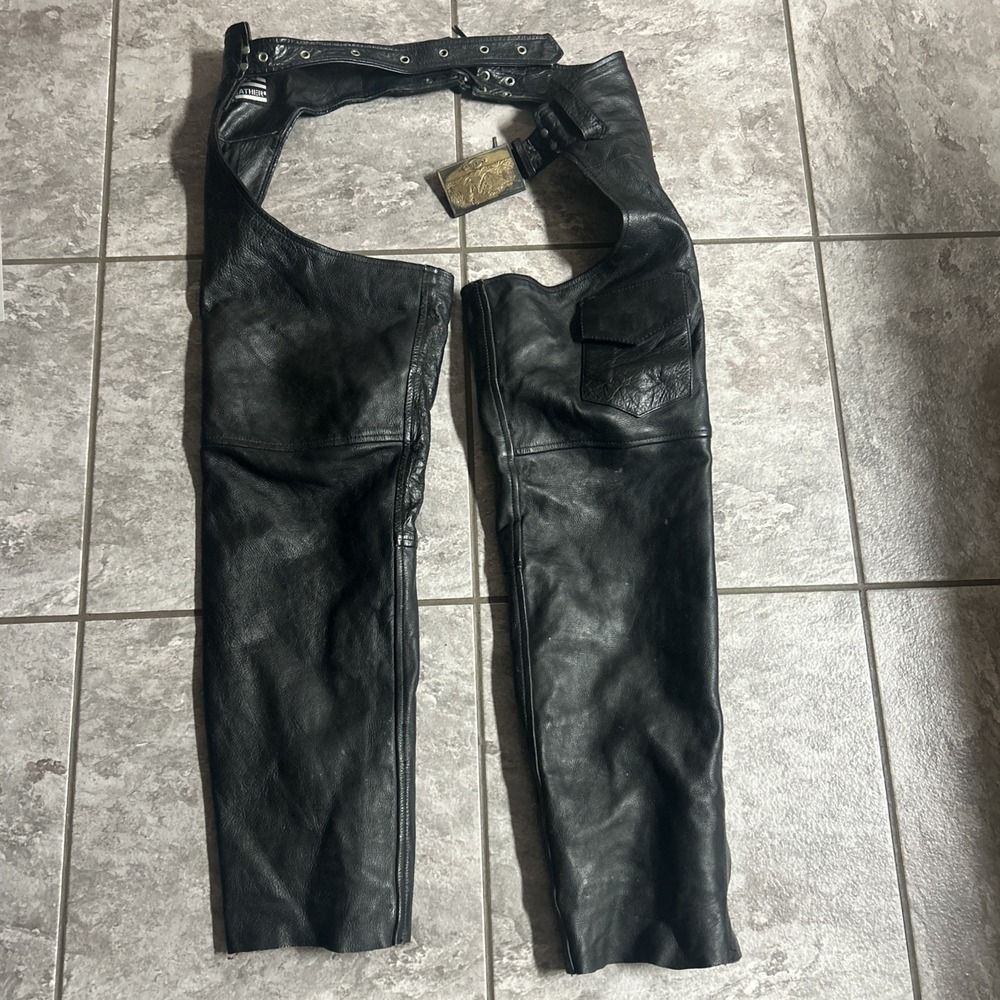 Vintage USA‎ Biker's Leather Black Chaps Men's Large Adjustable & Brass Buckle